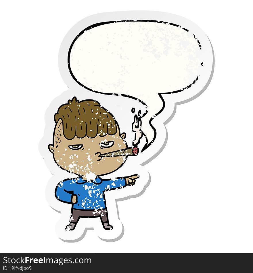 cartoon man smoking and speech bubble distressed sticker