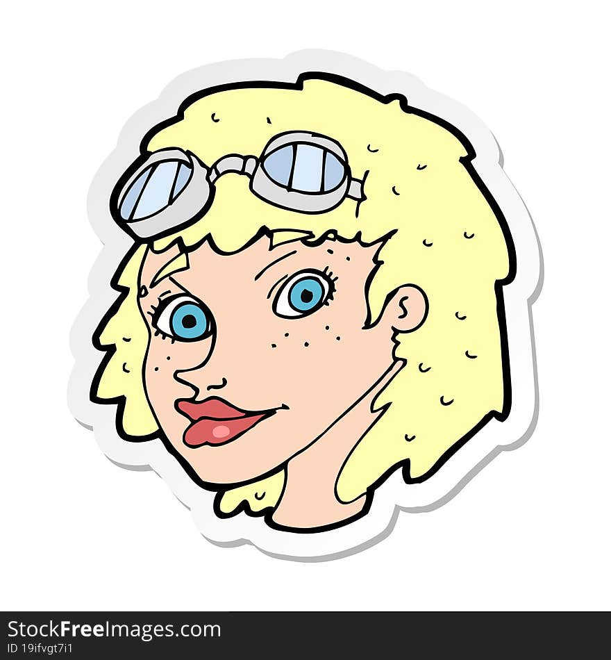 sticker of a cartoon happy woman wearing aviator goggles