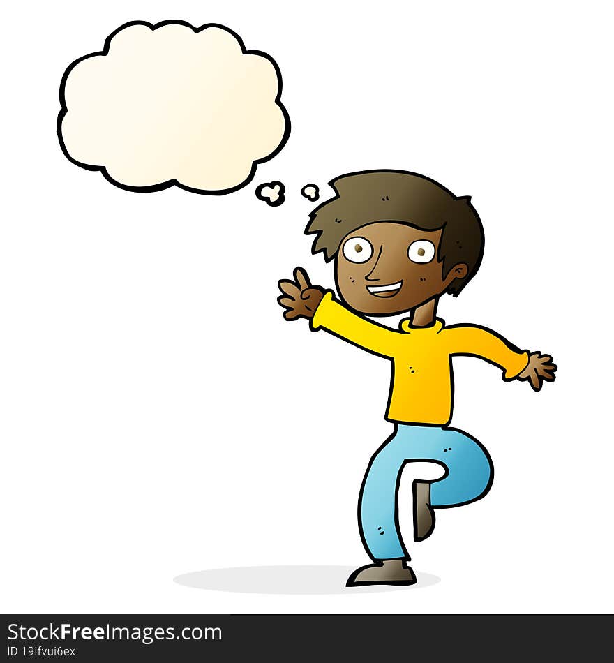 Cartoon Excited Boy Dancing With Thought Bubble