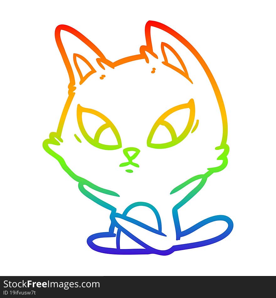 rainbow gradient line drawing confused cartoon cat sitting