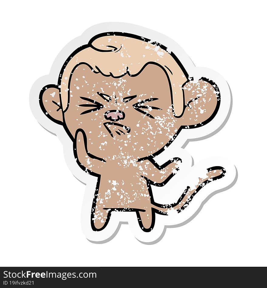 distressed sticker of a cartoon annoyed monkey