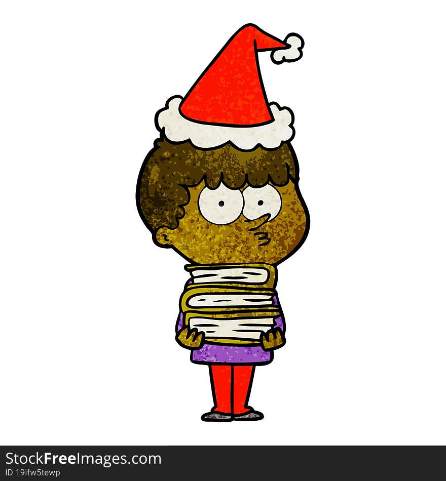 Textured Cartoon Of A Curious Boy With Lots Of Books Wearing Santa Hat