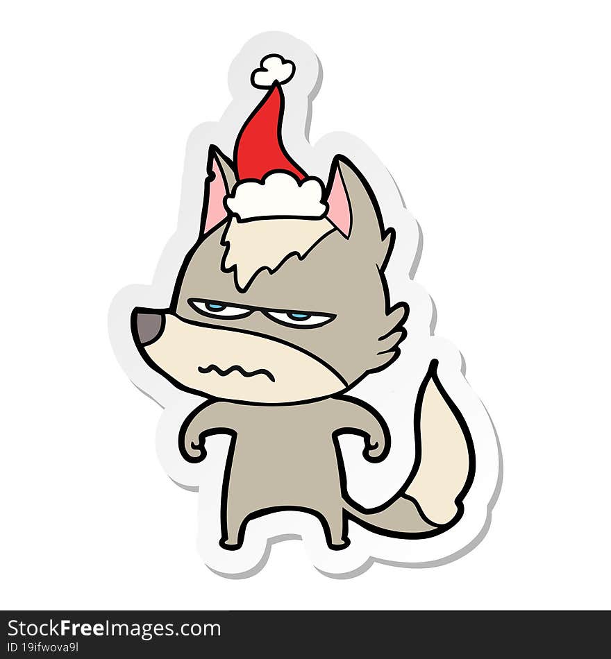 sticker cartoon of a annoyed wolf wearing santa hat