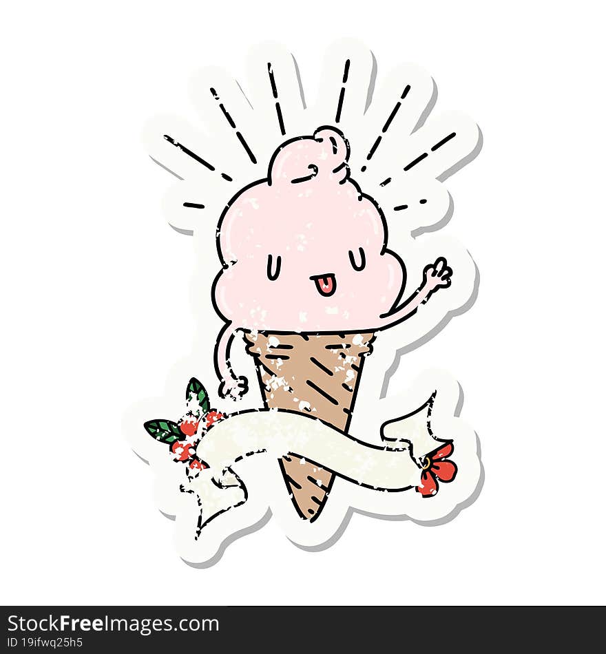 grunge sticker of tattoo style ice cream character waving