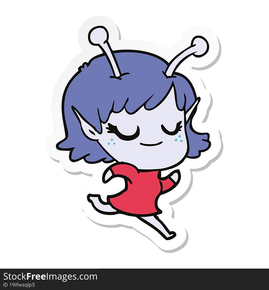 sticker of a smiling alien girl cartoon running