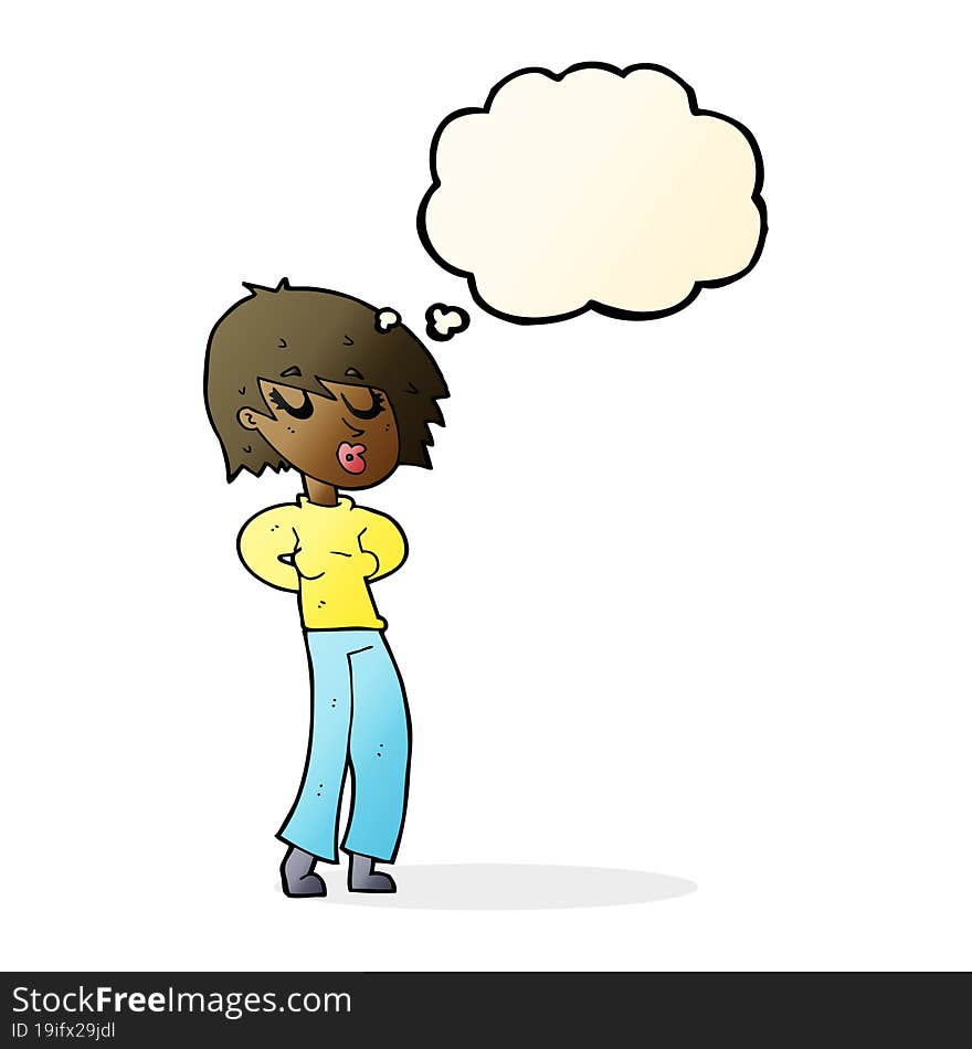 cartoon woman whistling with thought bubble