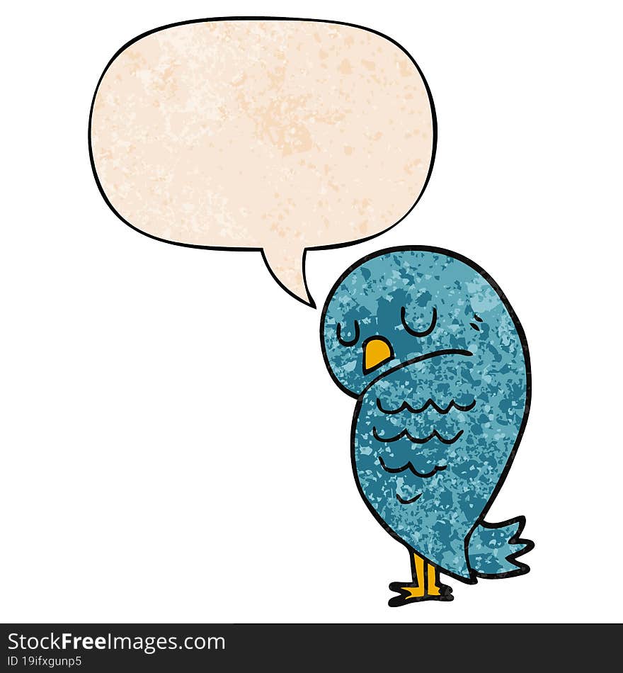 cartoon bird with speech bubble in retro texture style