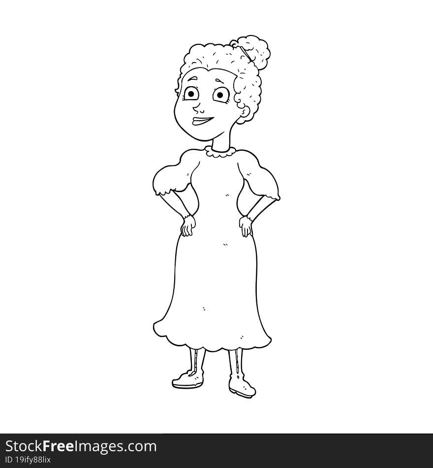 freehand drawn black and white cartoon victorian woman in dress