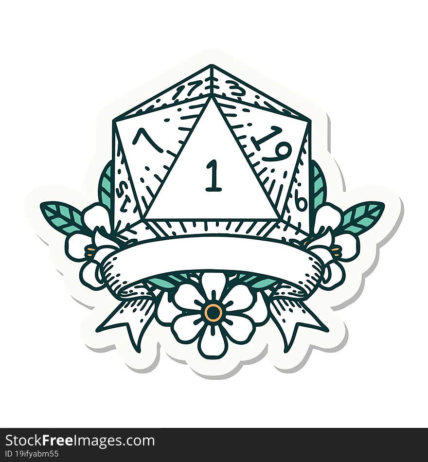 sticker of a natural one d20 dice roll. sticker of a natural one d20 dice roll