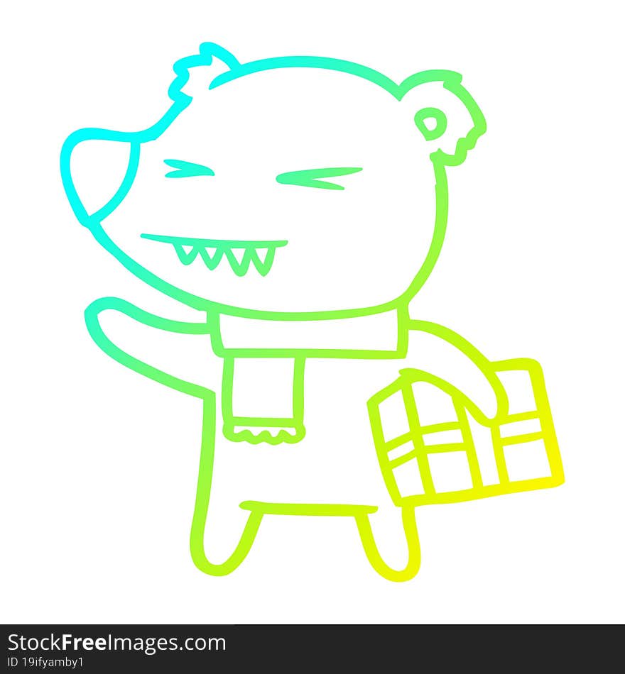 cold gradient line drawing cartoon angry polar bear with xmas present