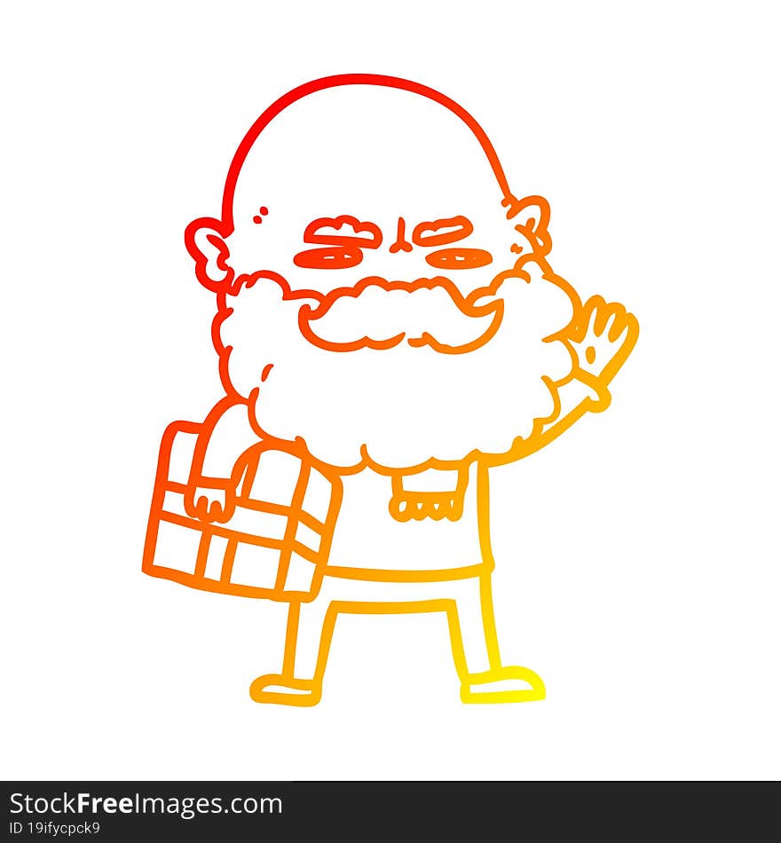 warm gradient line drawing cartoon man with beard frowning with xmas gift