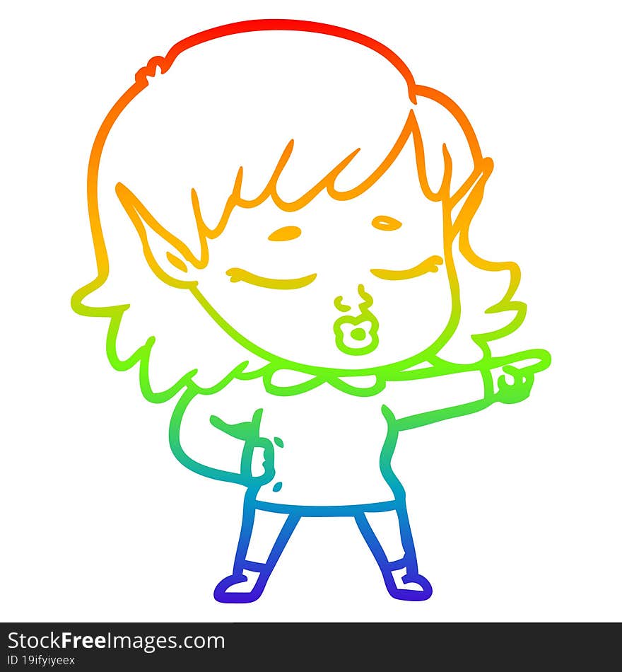 Rainbow Gradient Line Drawing Pretty Cartoon Elf Girl