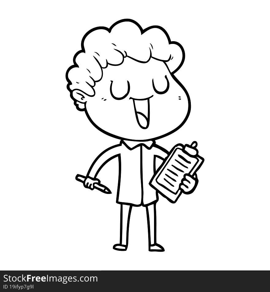 laughing cartoon man with clipboard and pen. laughing cartoon man with clipboard and pen