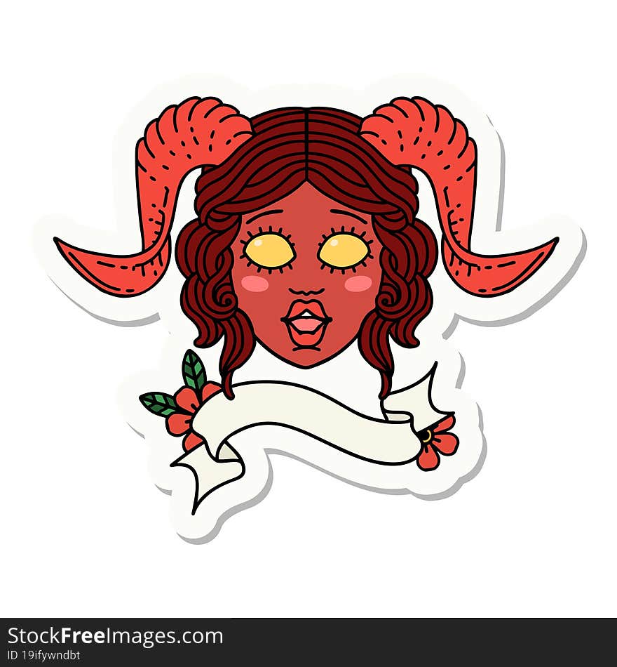 tiefling character face with scroll banner sticker