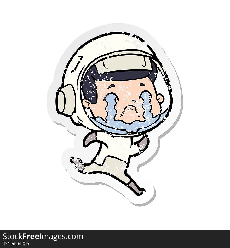 distressed sticker of a cartoon crying astronaut