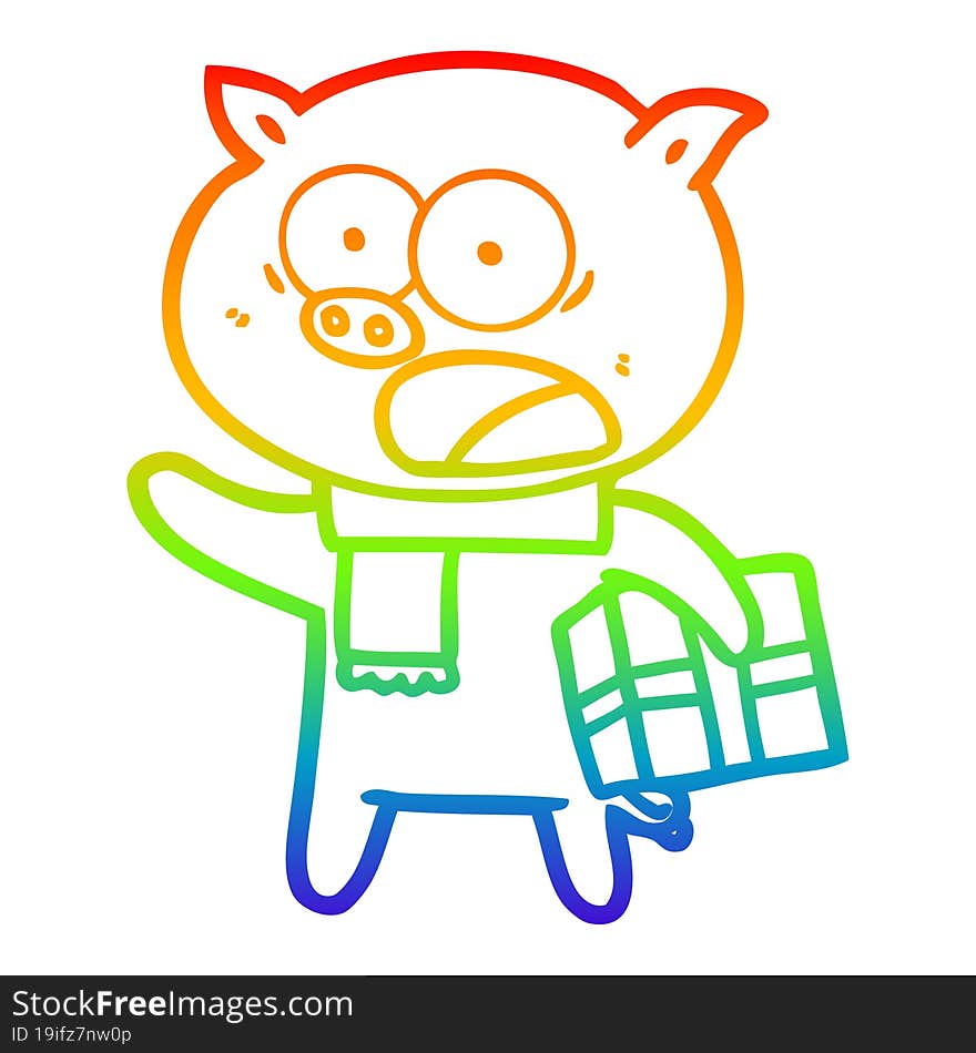 rainbow gradient line drawing cartoon pig with christmas present