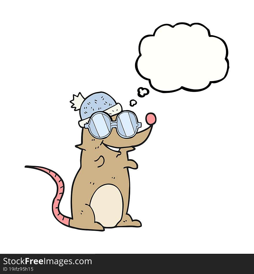 freehand drawn thought bubble cartoon mouse wearing glasses and hat