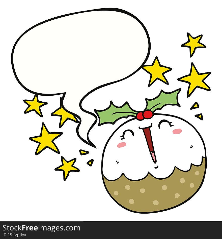 Cute Cartoon Happy Christmas Pudding And Speech Bubble