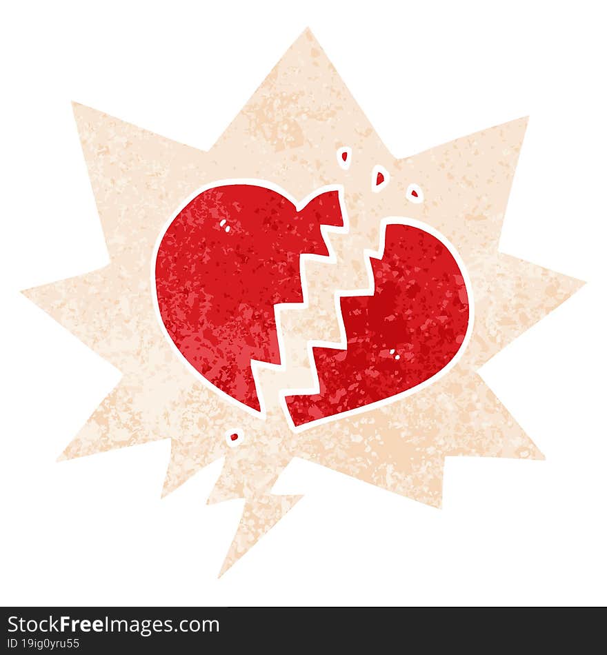 cartoon broken heart and speech bubble in retro textured style