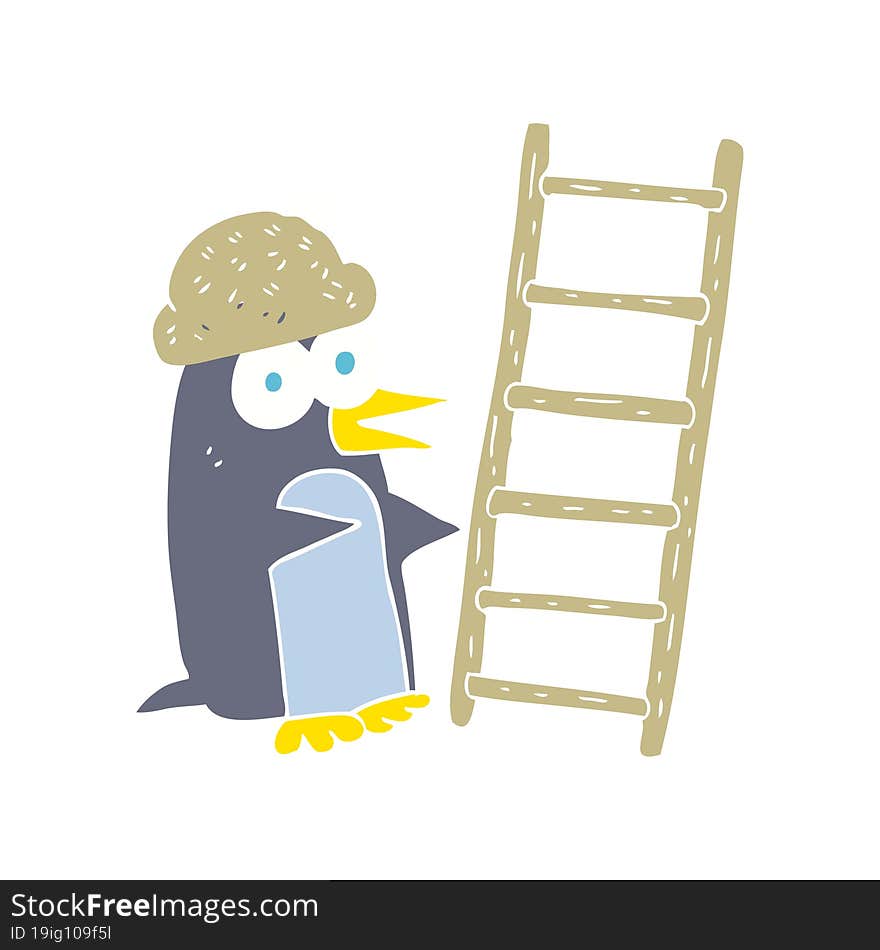 flat color illustration of a cartoon penguin with ladder