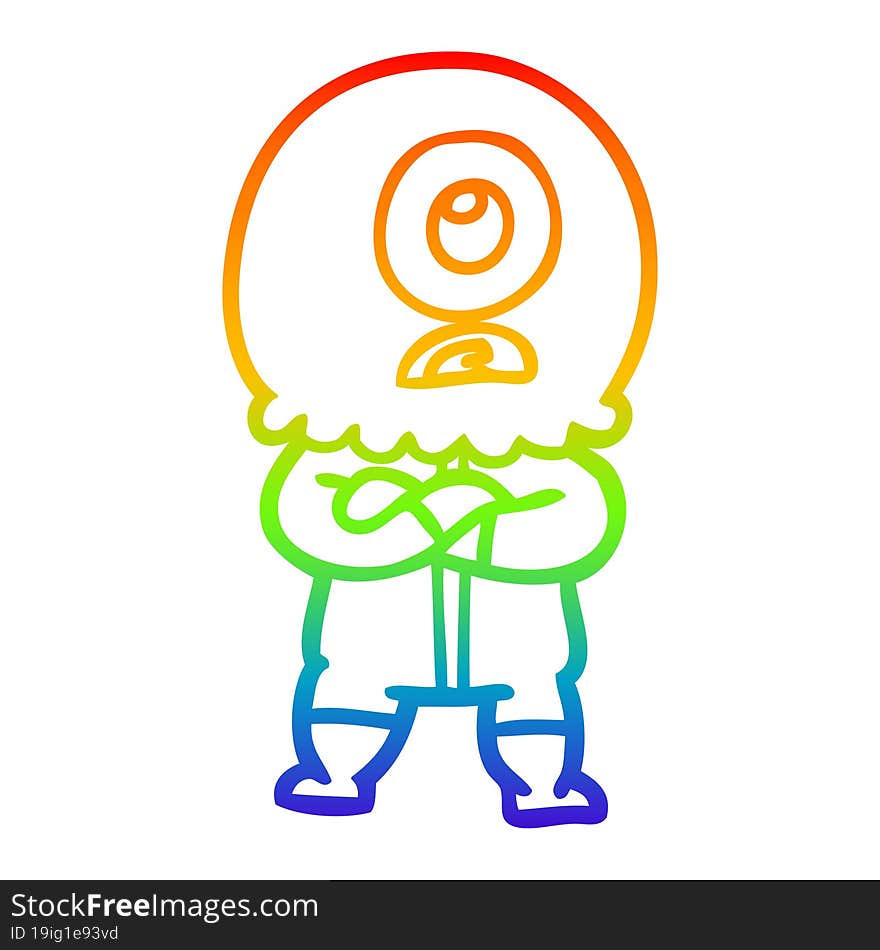 rainbow gradient line drawing of a annoyed cartoon cyclops alien spaceman