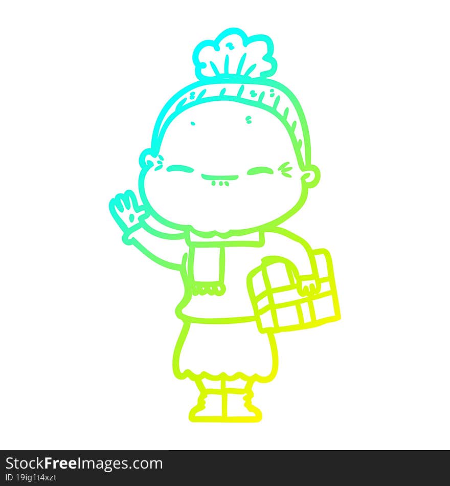 cold gradient line drawing of a cartoon peaceful old woman