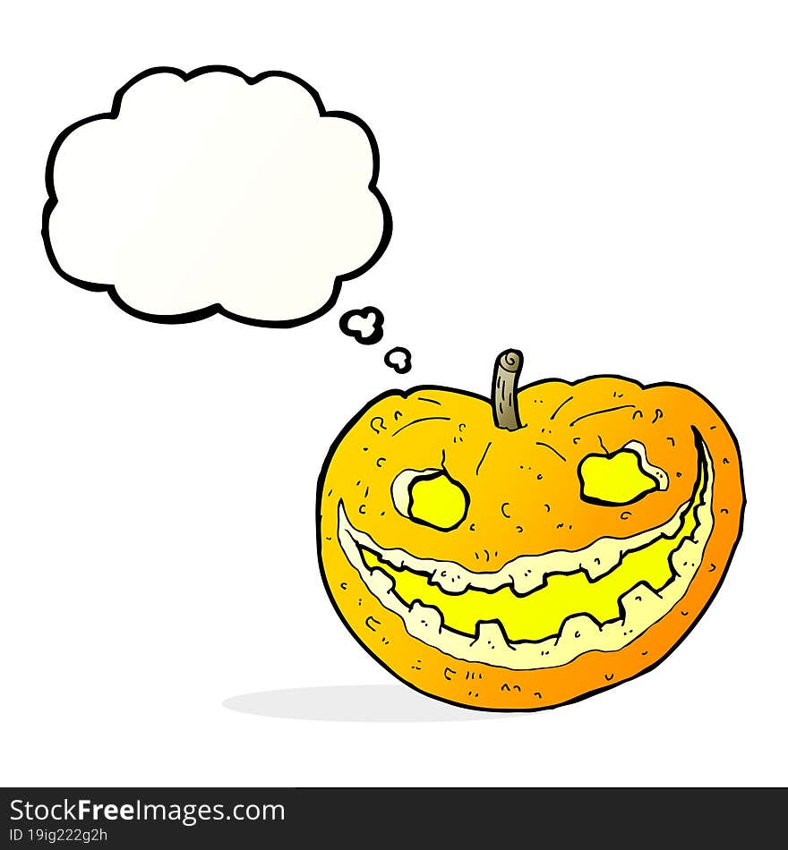 cartoon spooky pumpkin with thought bubble