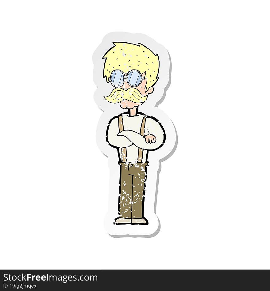 retro distressed sticker of a cartoon hipster man with mustache and spectacles