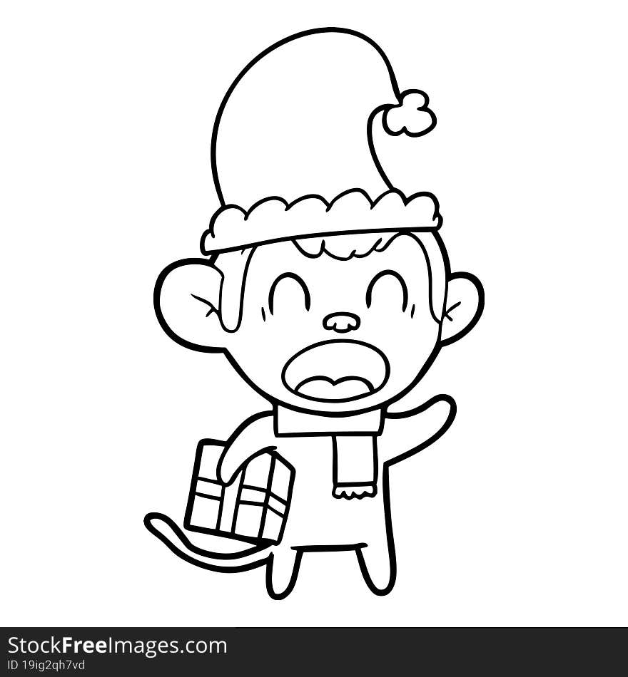 shouting cartoon monkey carrying christmas gift. shouting cartoon monkey carrying christmas gift