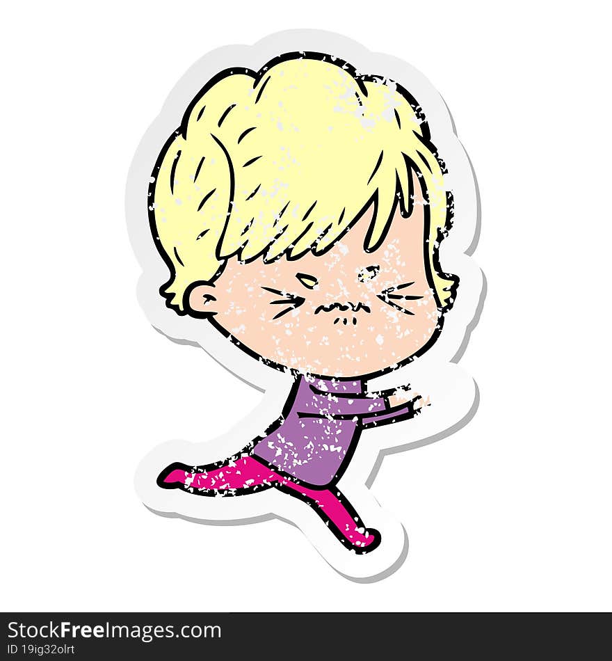 distressed sticker of a cartoon frustrated woman