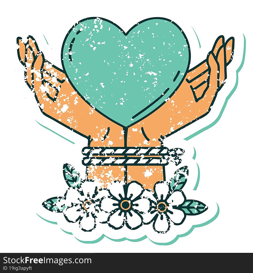 iconic distressed sticker tattoo style image of tied hands and a heart. iconic distressed sticker tattoo style image of tied hands and a heart