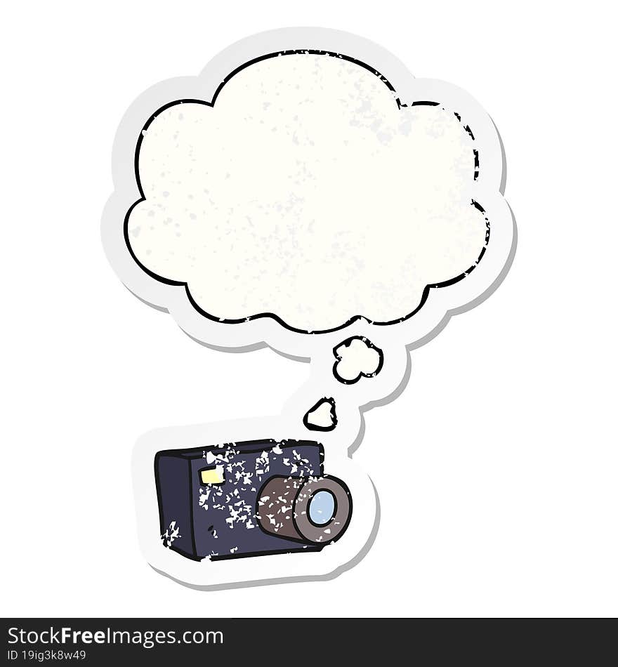 cartoon camera and thought bubble as a distressed worn sticker