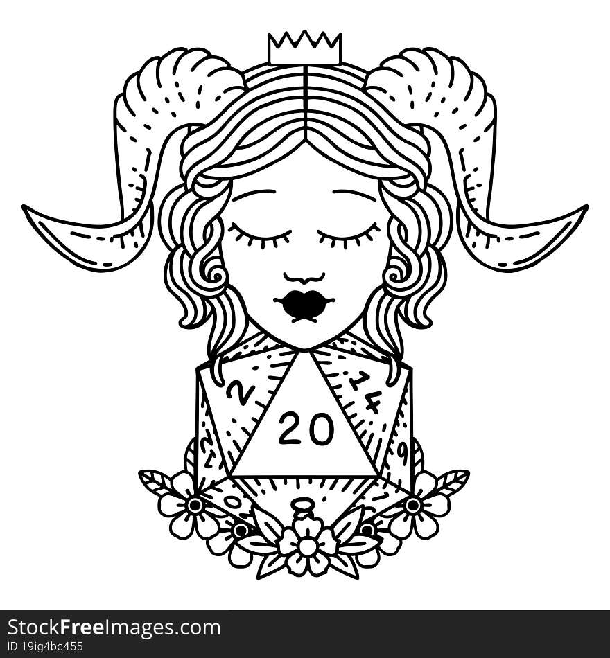 Black and White Tattoo linework Style tiefling with natural twenty d20 dice roll. Black and White Tattoo linework Style tiefling with natural twenty d20 dice roll