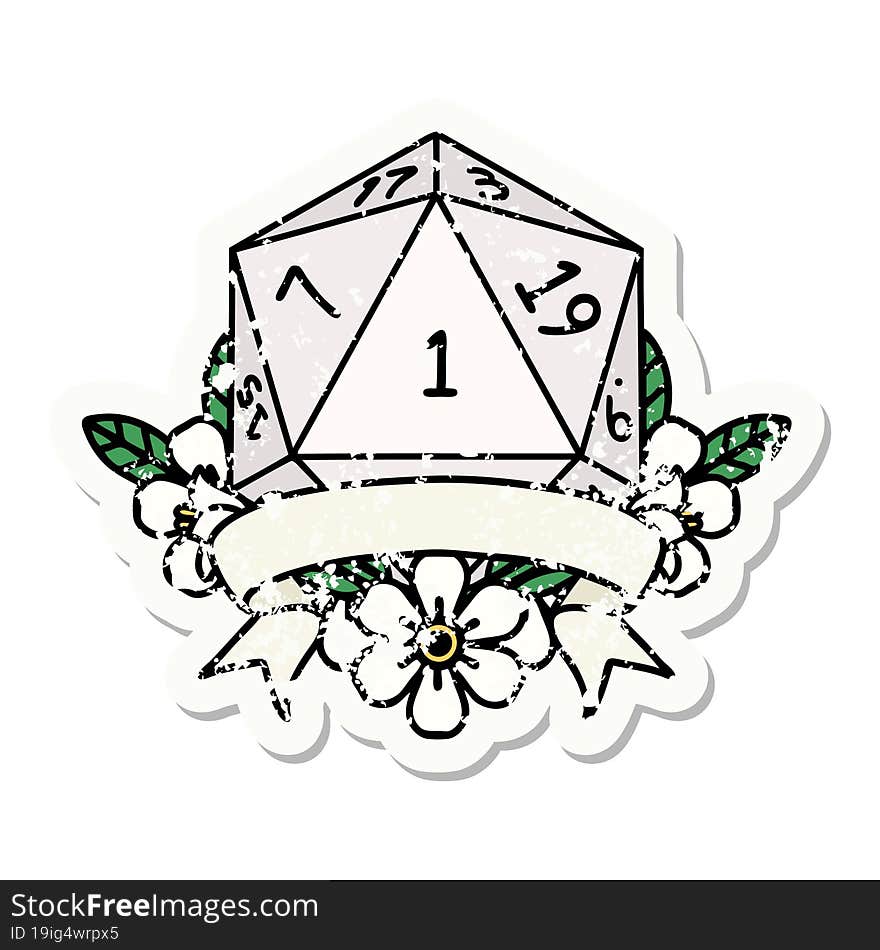 grunge sticker of a natural one d20 dice roll. grunge sticker of a natural one d20 dice roll