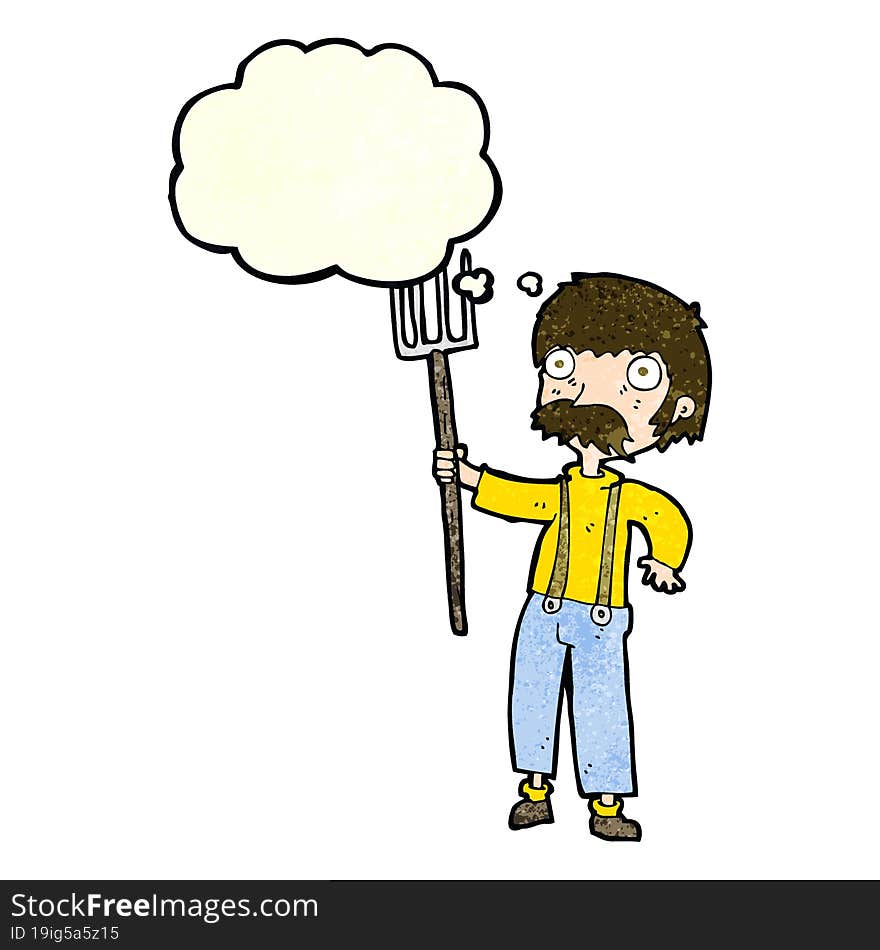 cartoon farmer with pitchfork with thought bubble