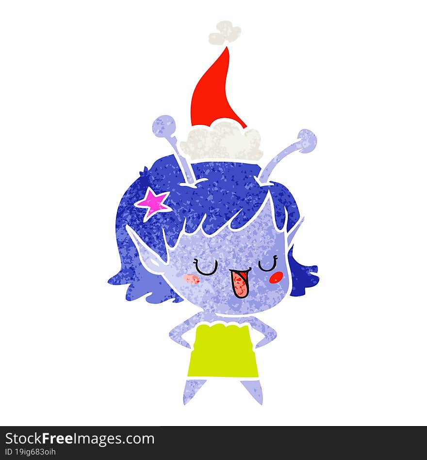 happy alien girl retro cartoon of a wearing santa hat