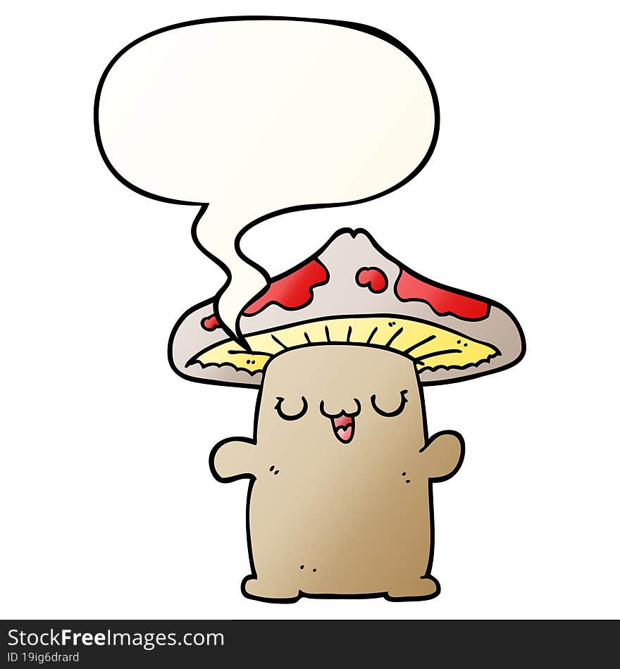 cartoon mushroom creature and speech bubble in smooth gradient style