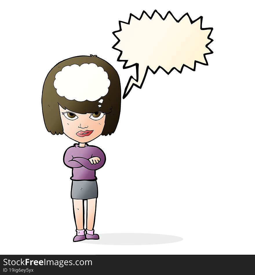 Cartoon Woman With Folded Arms Imagining With Speech Bubble