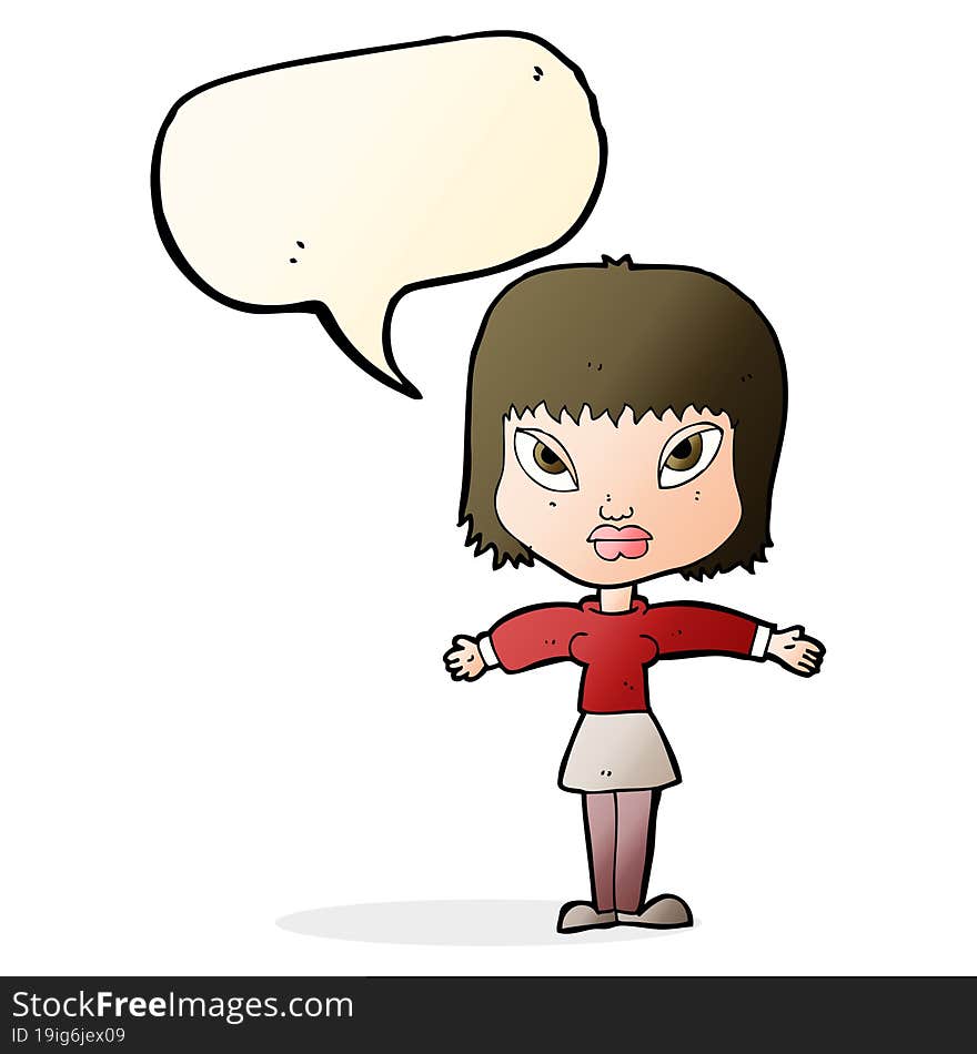 cartoon woman with outstretched arms with speech bubble