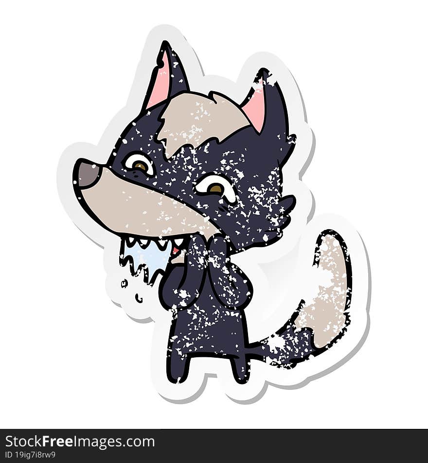 distressed sticker of a cartoon hungry wolf