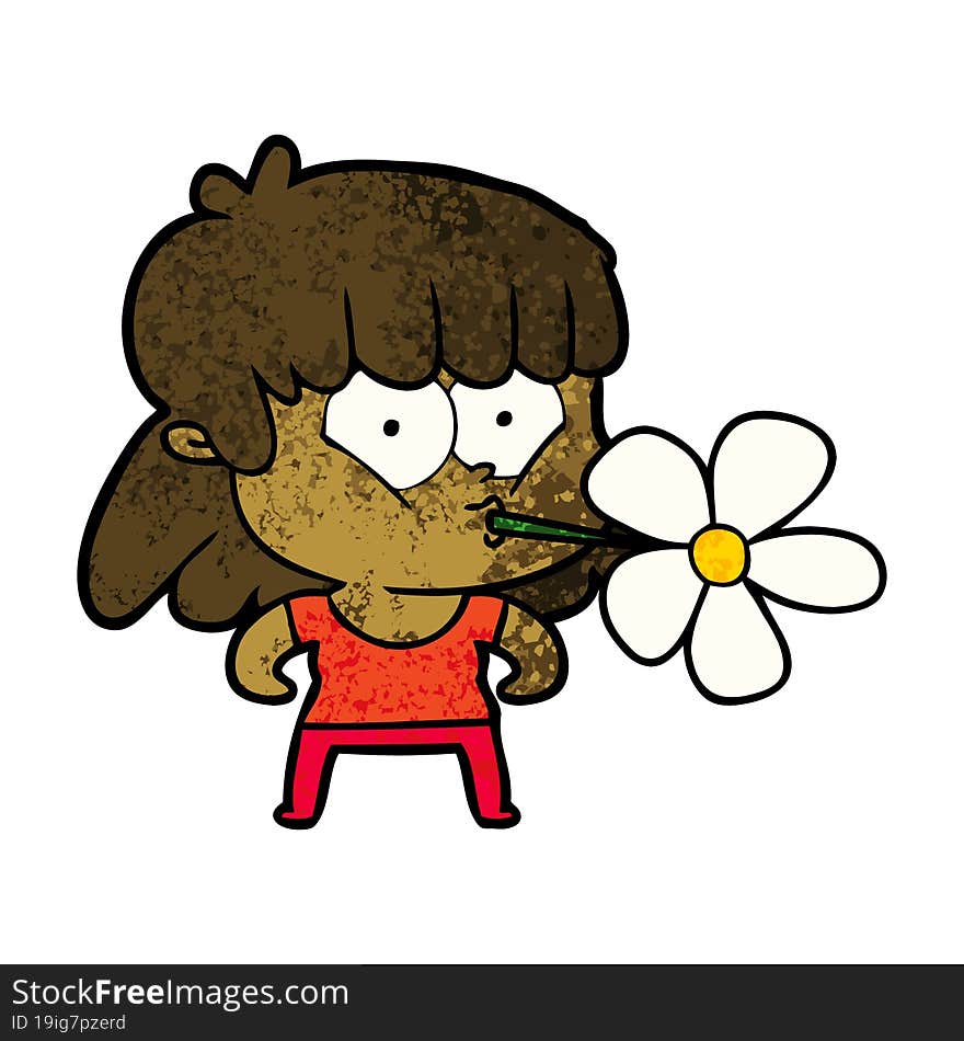 cartoon girl with flower in mouth. cartoon girl with flower in mouth