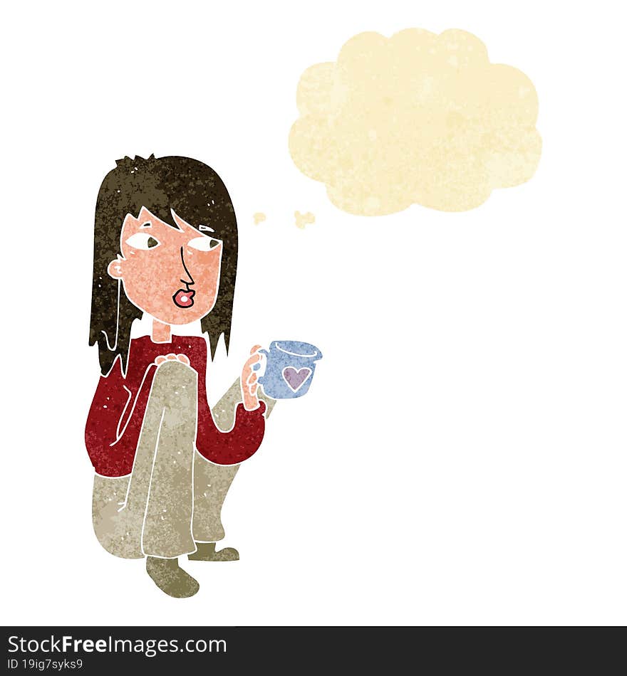 Cartoon Woman Sitting With Cup Of Coffee With Thought Bubble