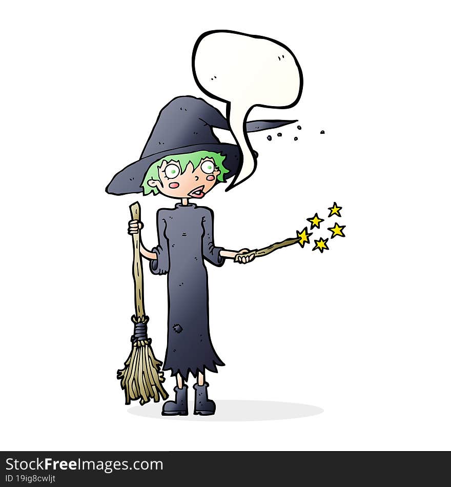 cartoon witch casting spell with speech bubble