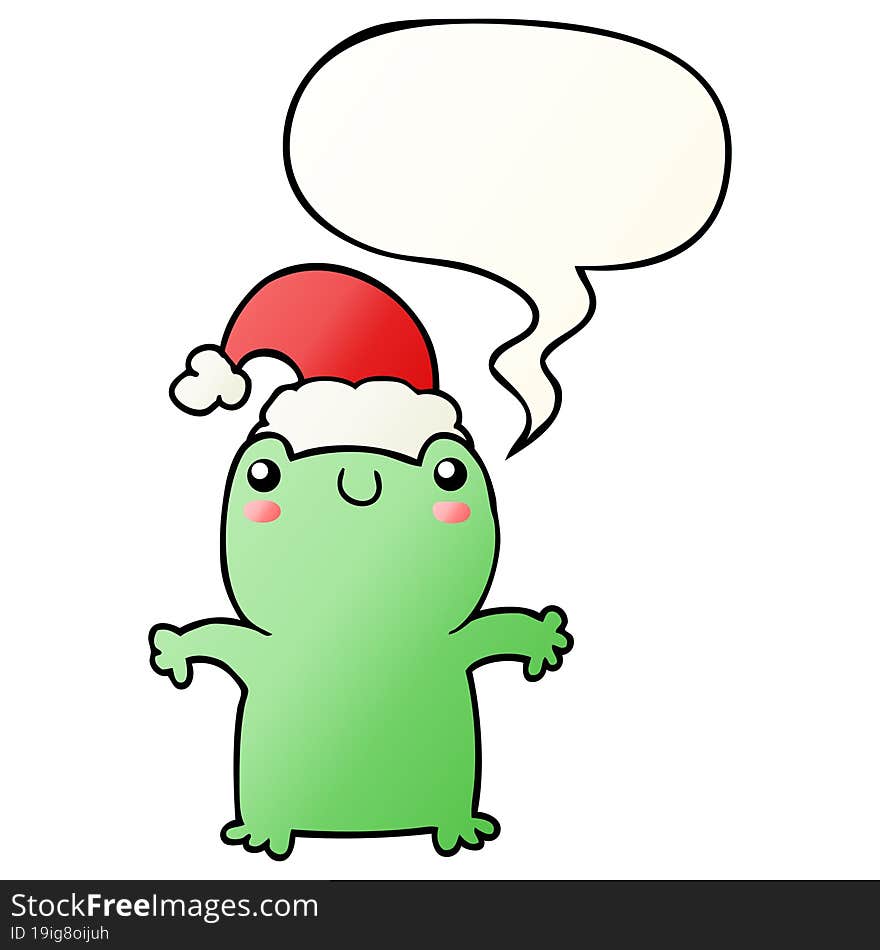 cute cartoon frog wearing christmas hat and speech bubble in smooth gradient style