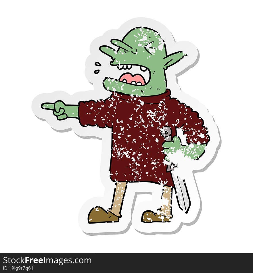 distressed sticker of a cartoon goblin with knife