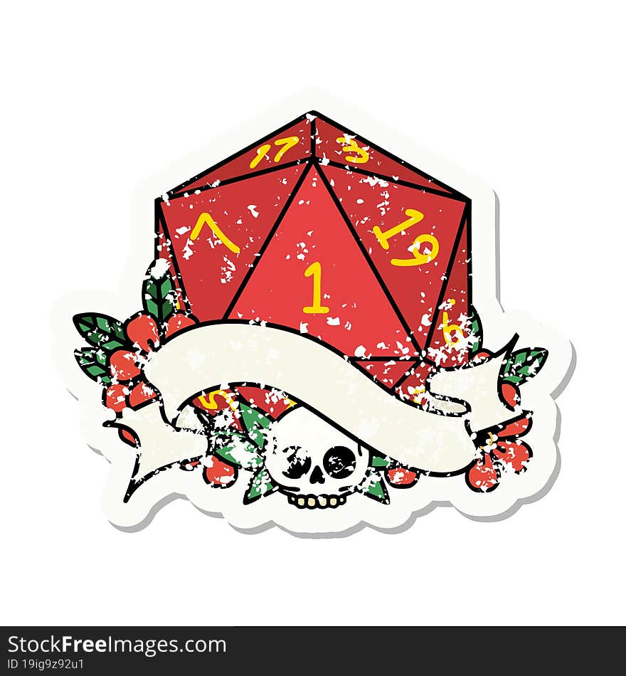 grunge sticker of a natural one d20 dice roll. grunge sticker of a natural one d20 dice roll