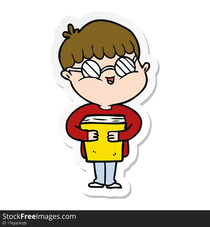 Sticker Of A Cartoon Boy Wearing Spectacles Carrying Book