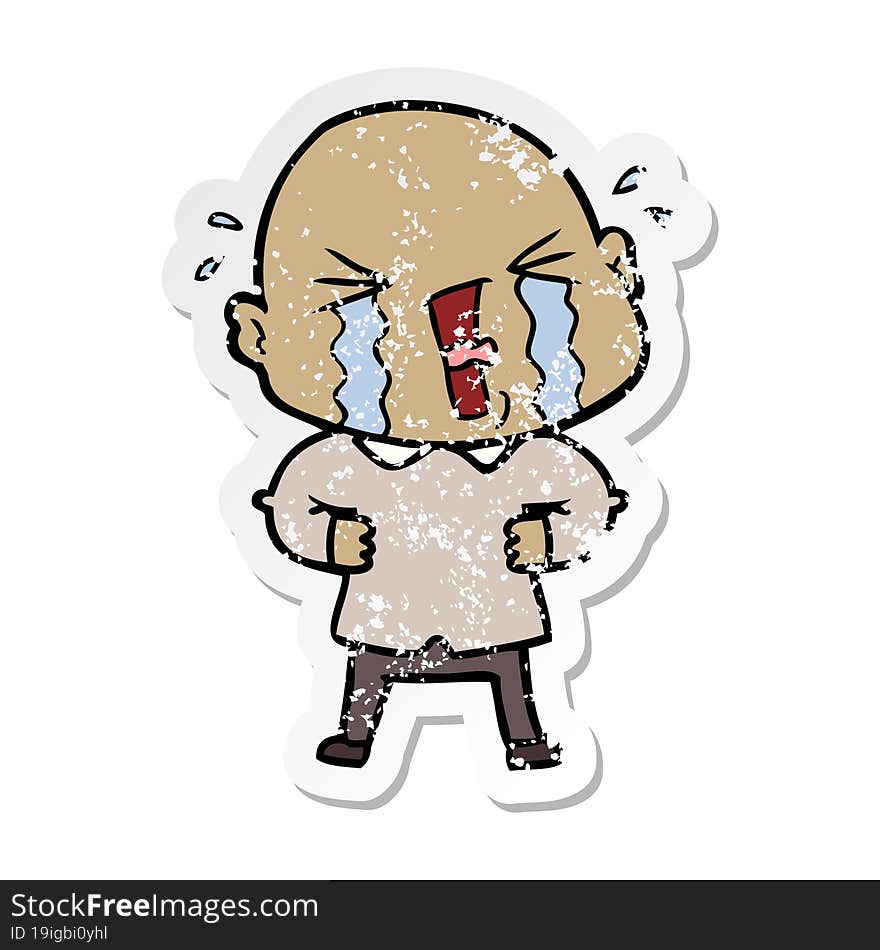 distressed sticker of a cartoon crying bald man