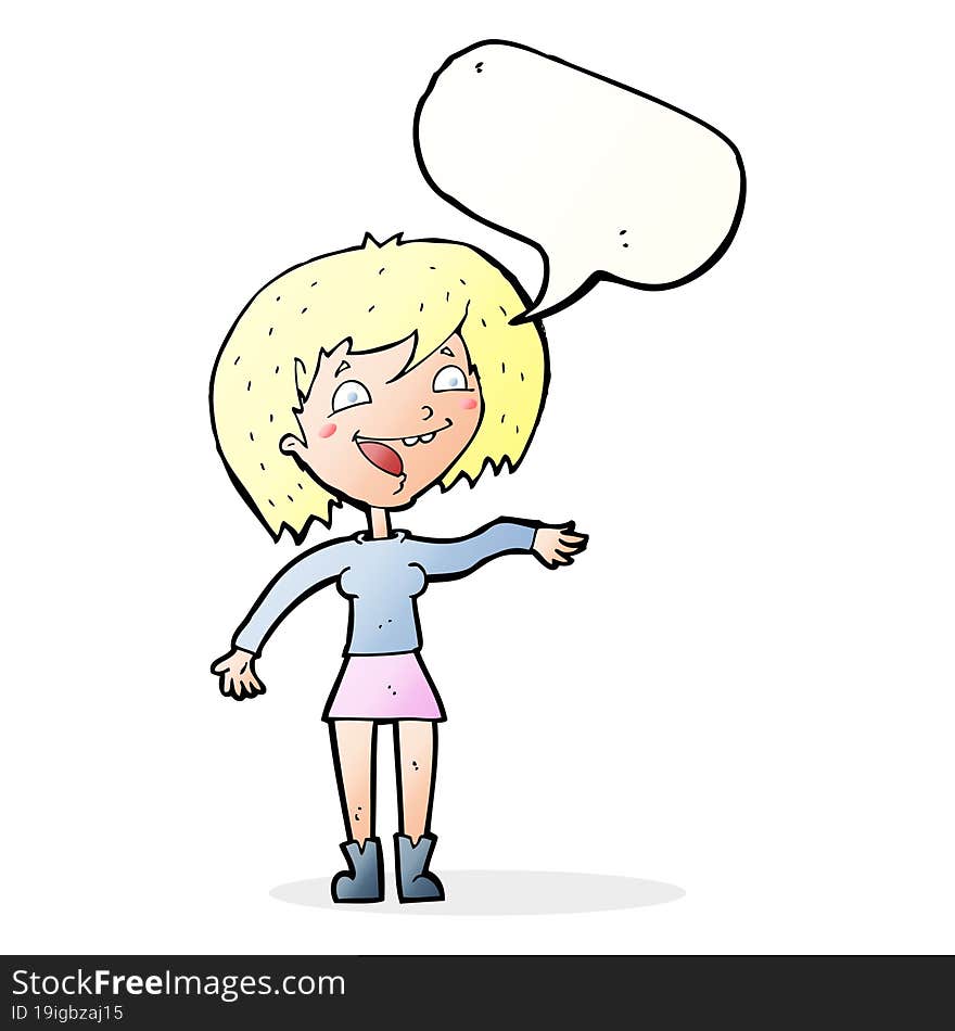 cartoon waving woman with speech bubble