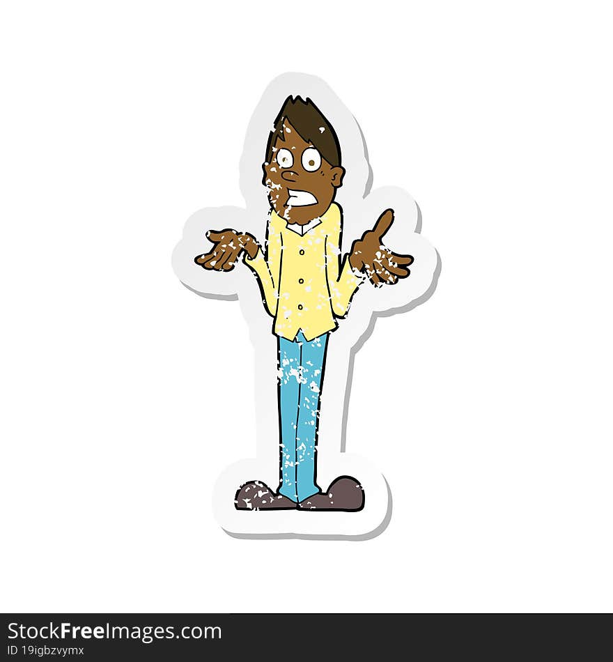 retro distressed sticker of a cartoon man shrugging shoulders